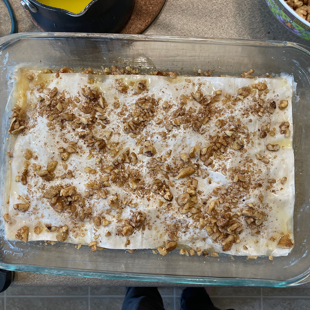 Baklava - Spreading the walnuts